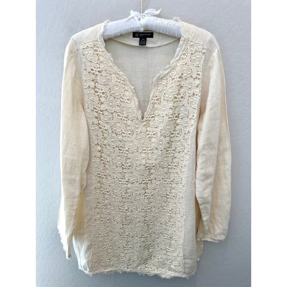 INC | Ivory Cream Linen Crochet Lace Boho Tunic Top | 14W - Picture 1 of 6